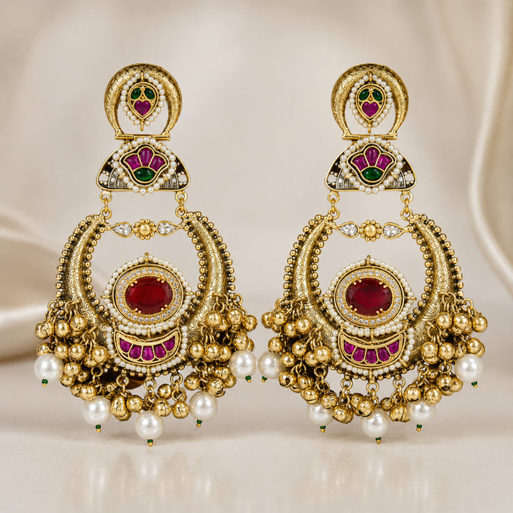 Kashmiri gold-tone red-stone pearl chandbali earrings