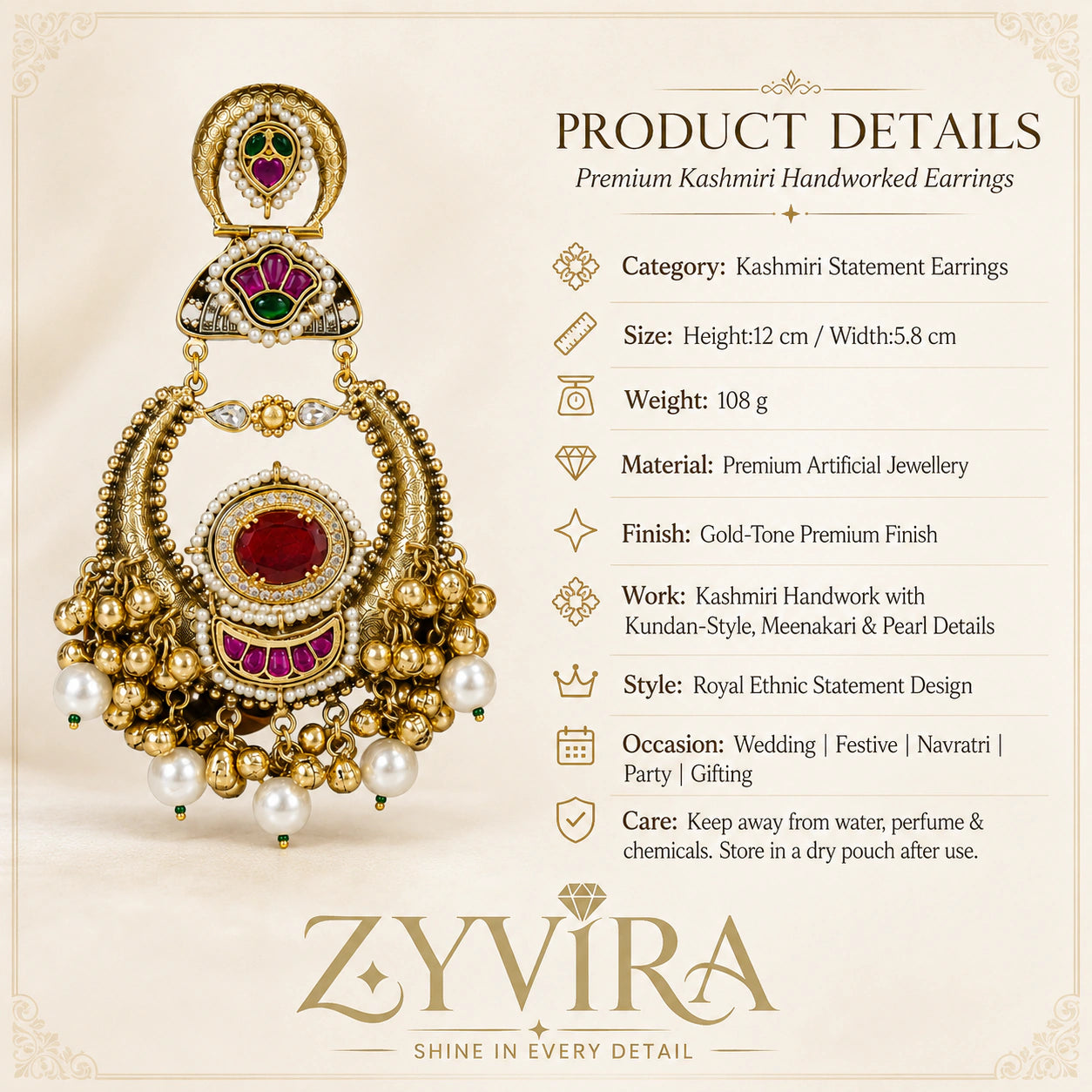 Product details card for gold-tone red-stone chandbali earrings with pearl-style accents