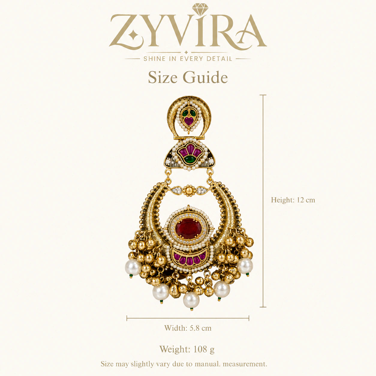 Size guide showing the statement proportions of red-stone pearl chandbali earrings