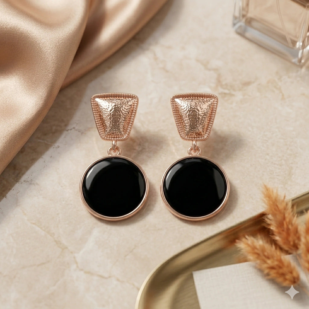 Alternate product view of rose-gold black disc statement earrings