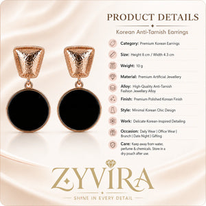 Product details card for rose-gold black disc statement earrings