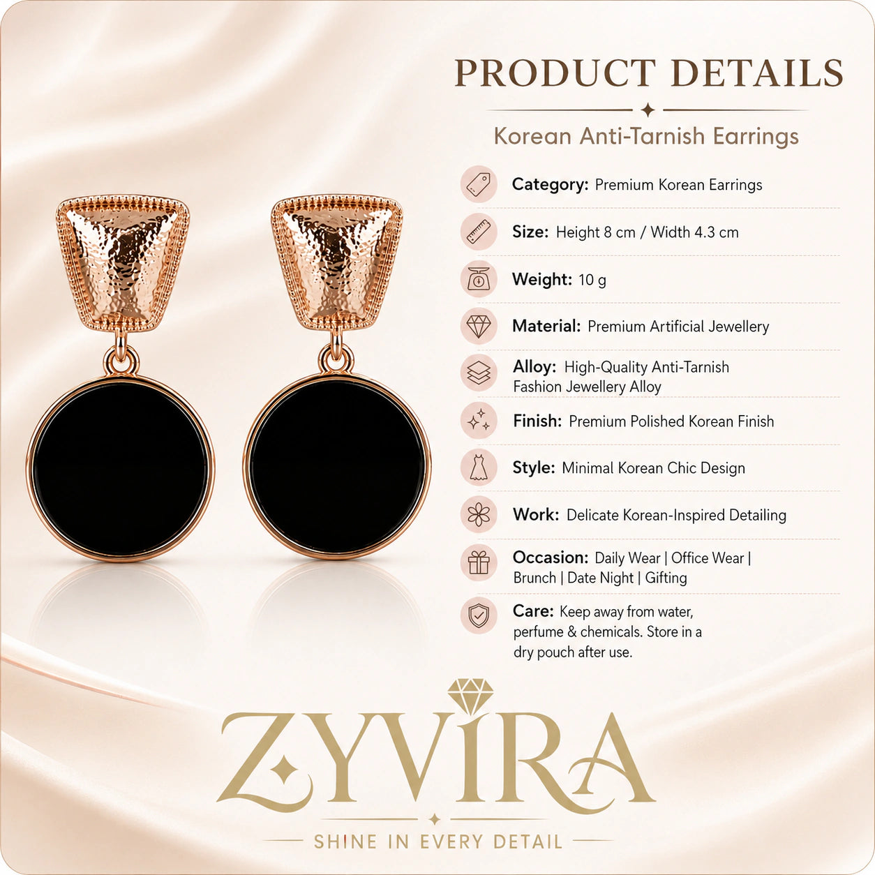 Product details card for rose-gold black disc statement earrings