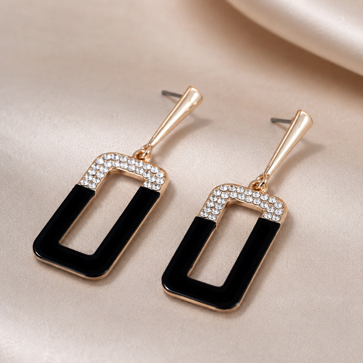 Close-up of black geometric panels and crystal-style accents