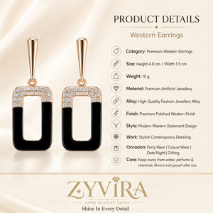Product details card for rose-gold black geometric crystal earrings