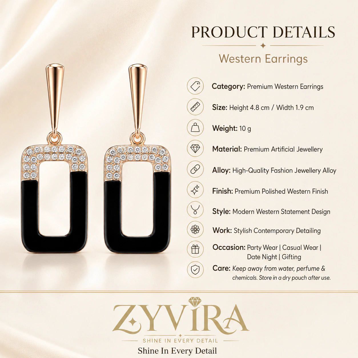 Product details card for rose-gold black geometric crystal earrings