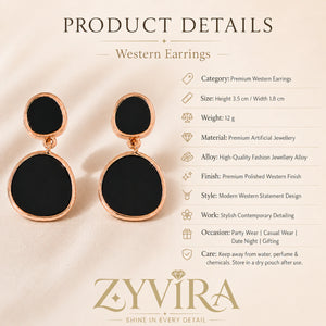 Product details card for rose-gold black inlay drop earrings