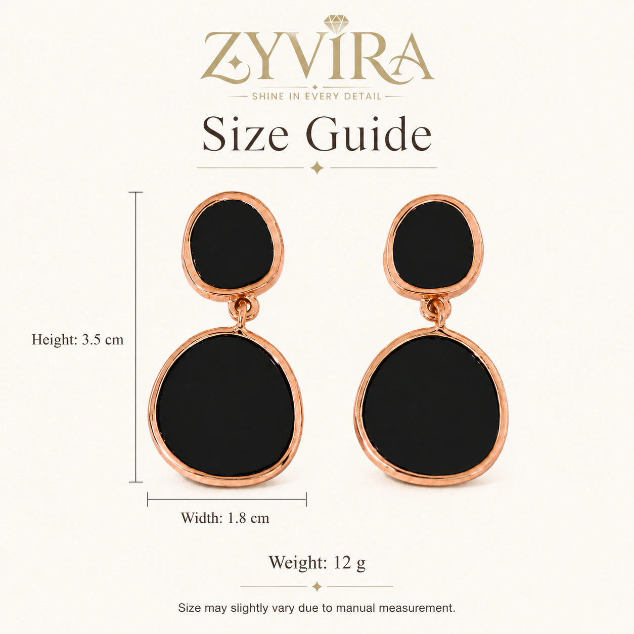 Size guide showing the proportions of black inlay drop earrings