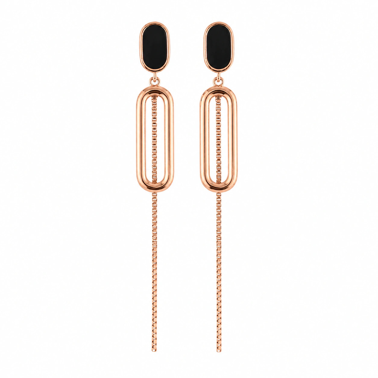 Rose-gold black oval-chain dangle earrings