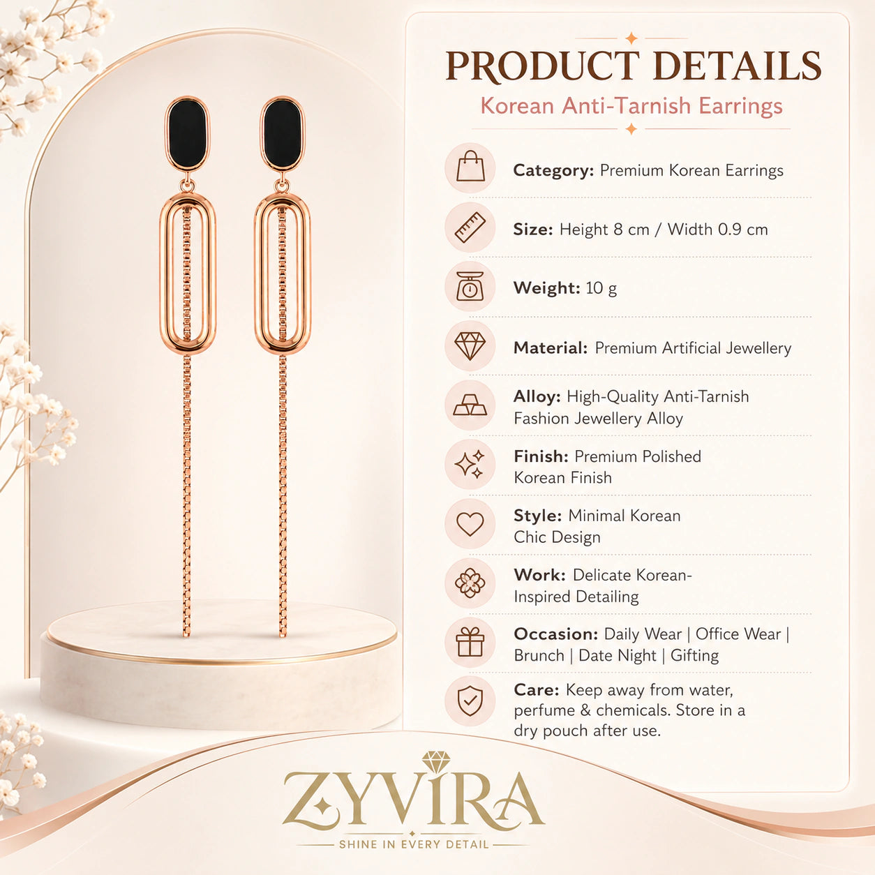Product details card for rose-gold black oval-chain earrings