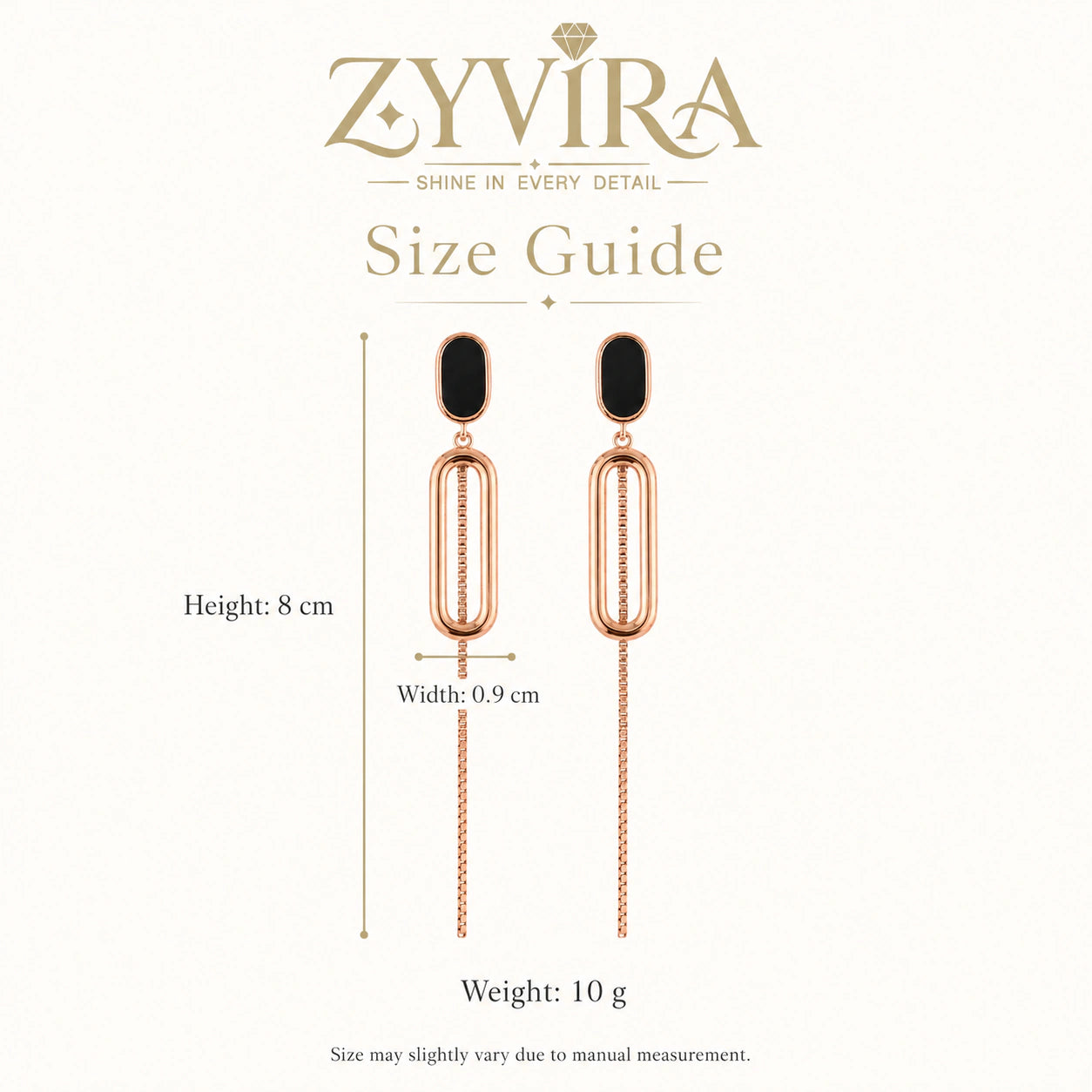 Size guide showing the proportions of black oval-chain earrings
