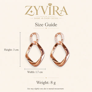 Size guide showing the proportions of rose-gold teardrop earrings