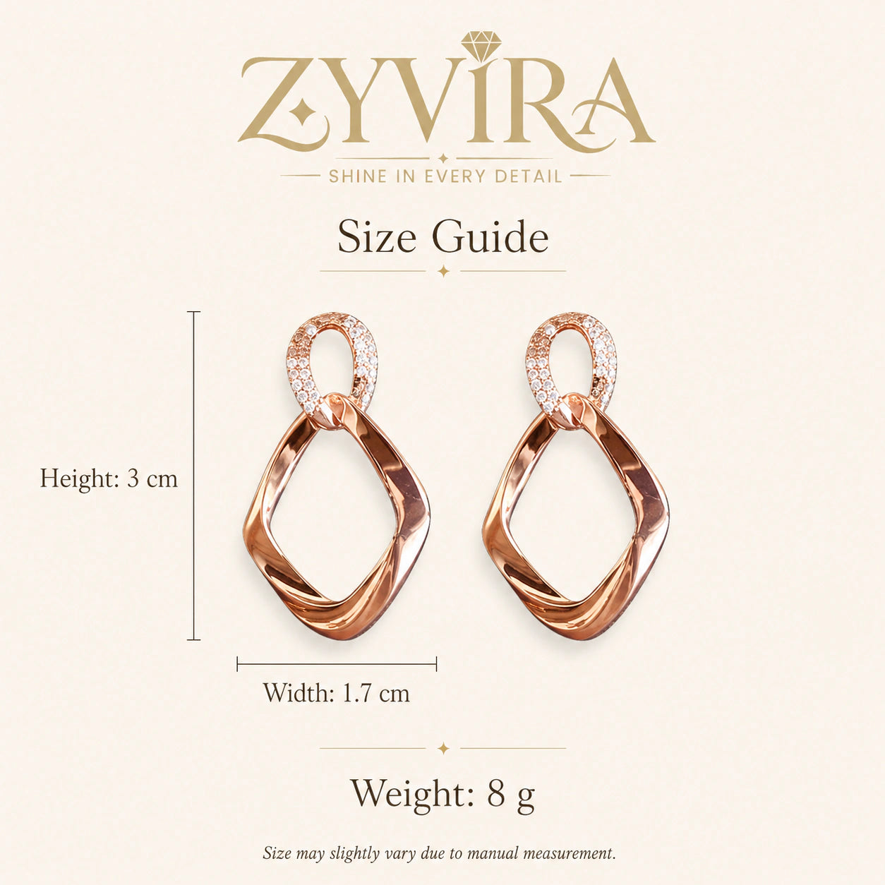 Size guide showing the proportions of rose-gold teardrop earrings