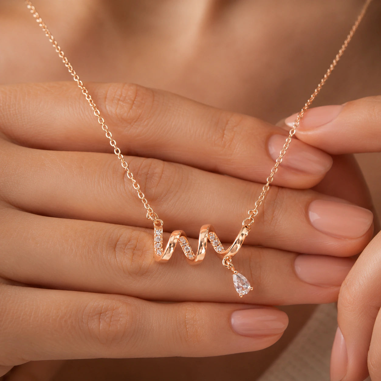 Alternate product view of the rose-gold crystal wave necklace
