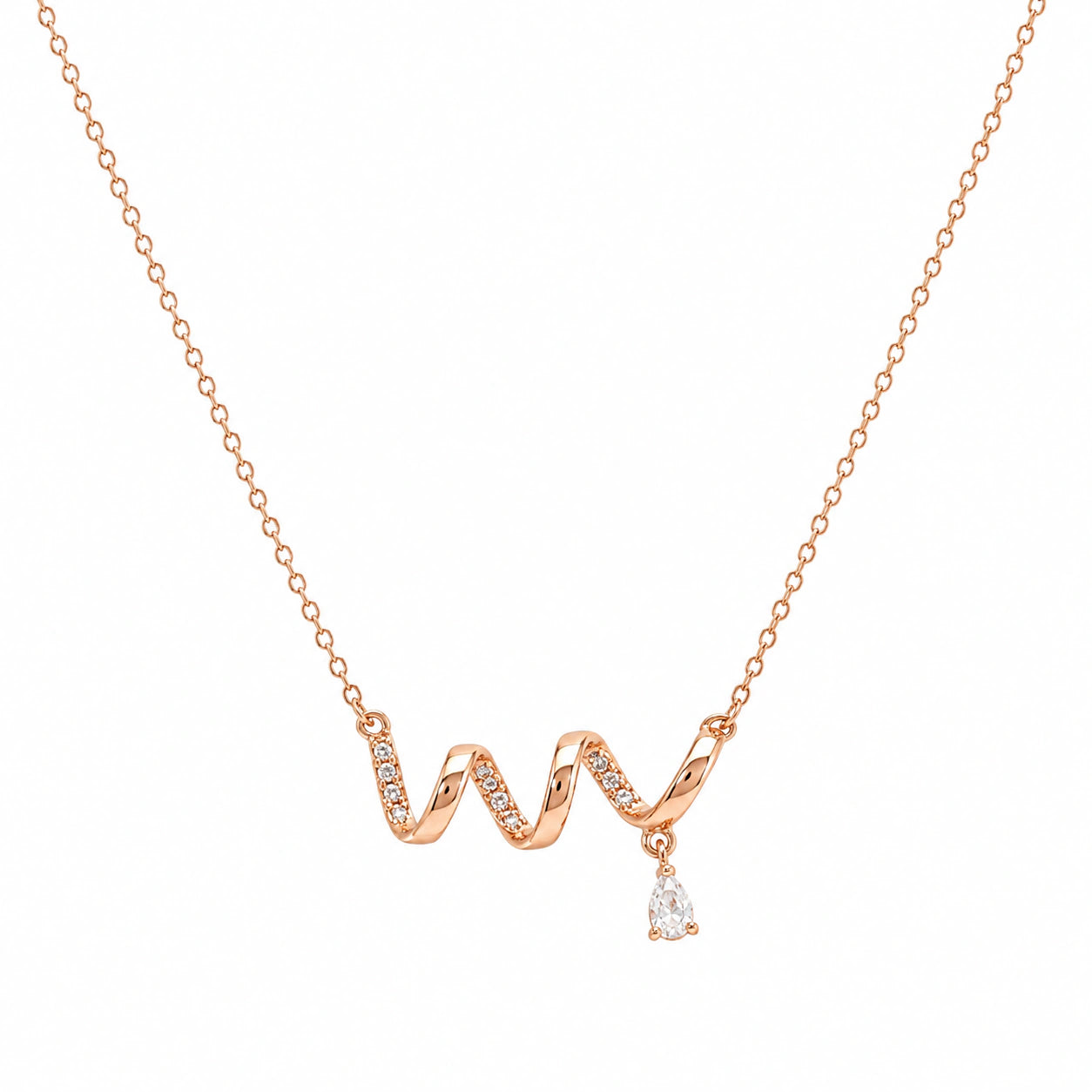 Angled view of the rose-gold crystal wave drop necklace