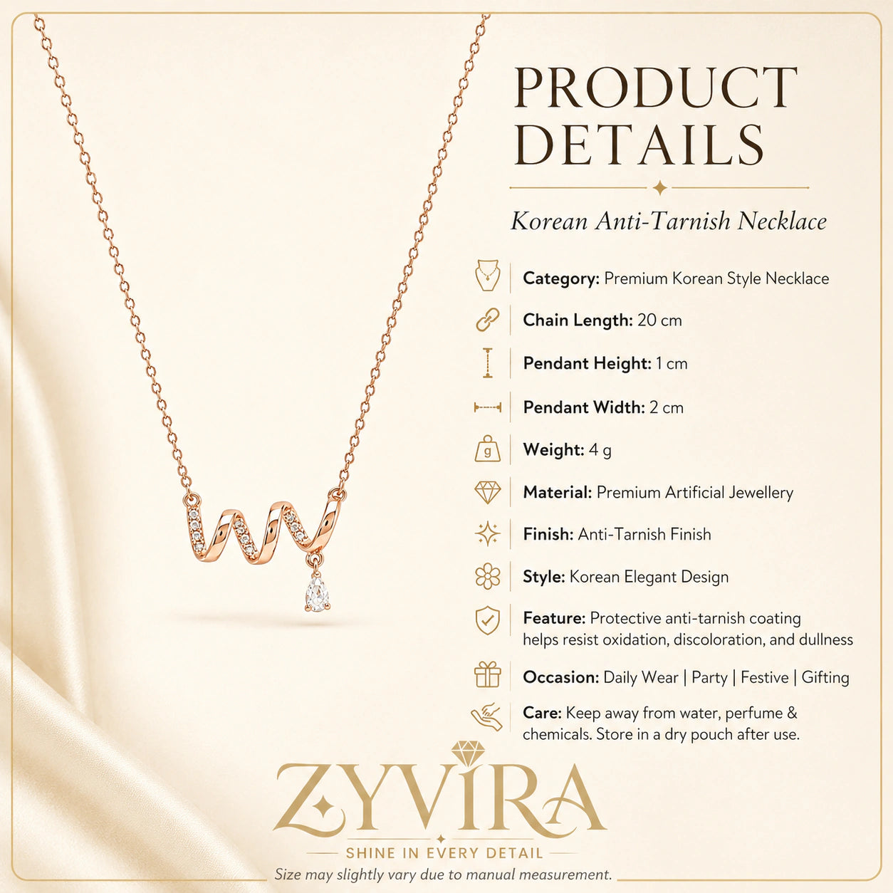 Product details card for the rose-gold crystal wave necklace