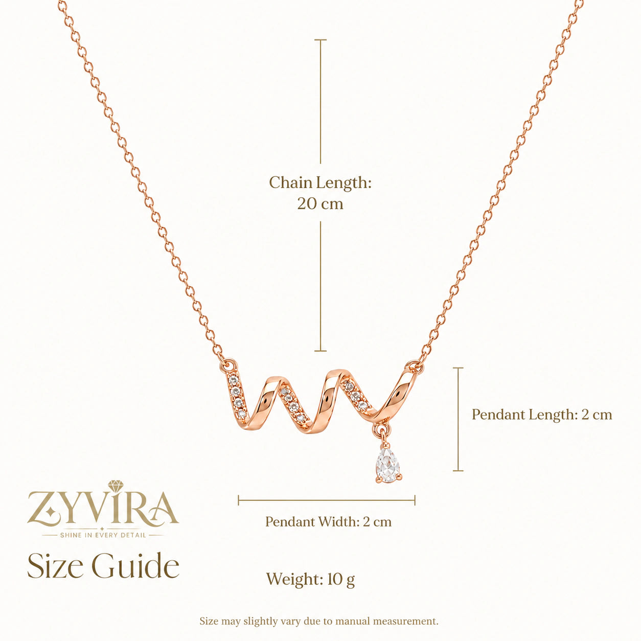 Size guide showing the proportions of the crystal wave necklace