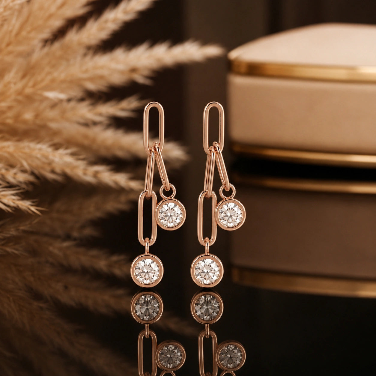 Rose-gold crystal-style paperclip link dangle earrings