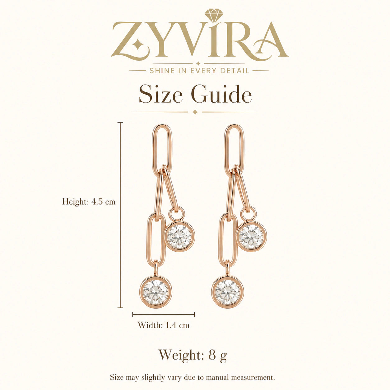 Size guide showing the proportions of paperclip link earrings