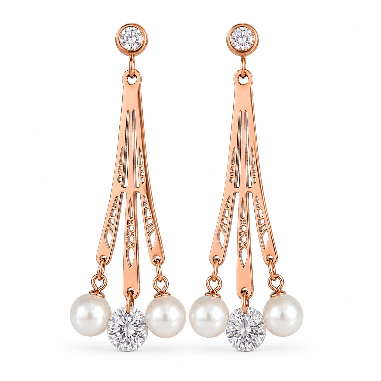 Angled view of rose-gold pearl crystal chandelier earrings