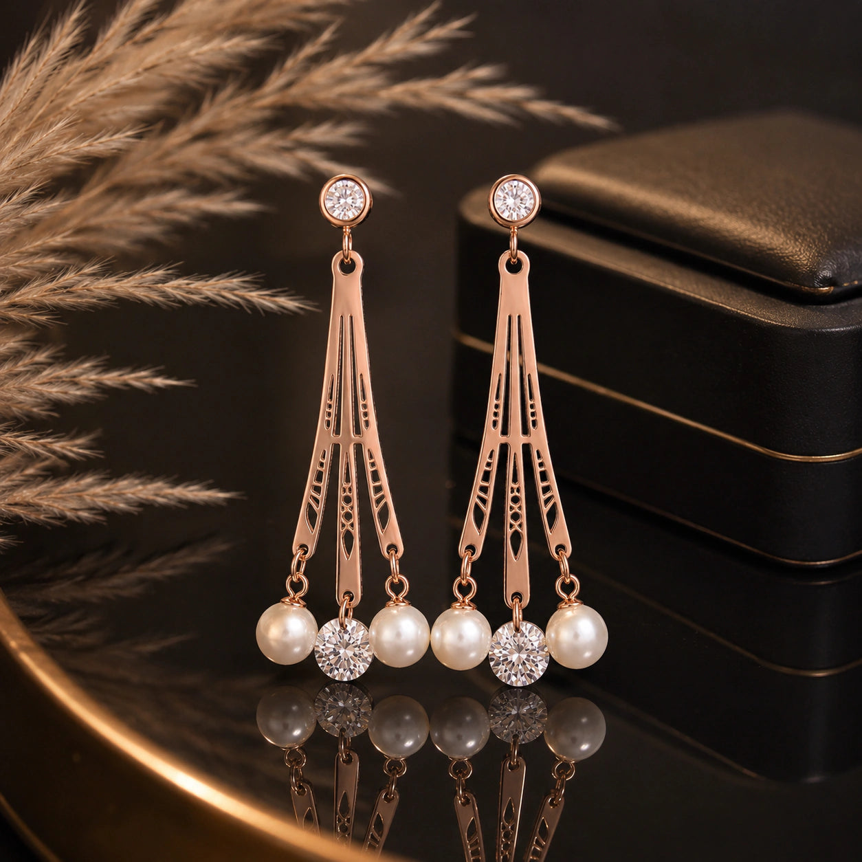 Rose-gold pearl-style crystal chandelier earrings