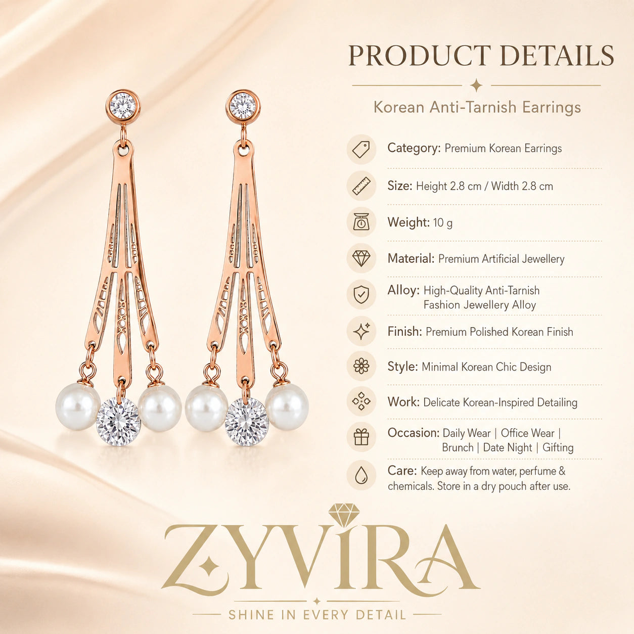 Product details card for rose-gold pearl crystal chandelier earrings