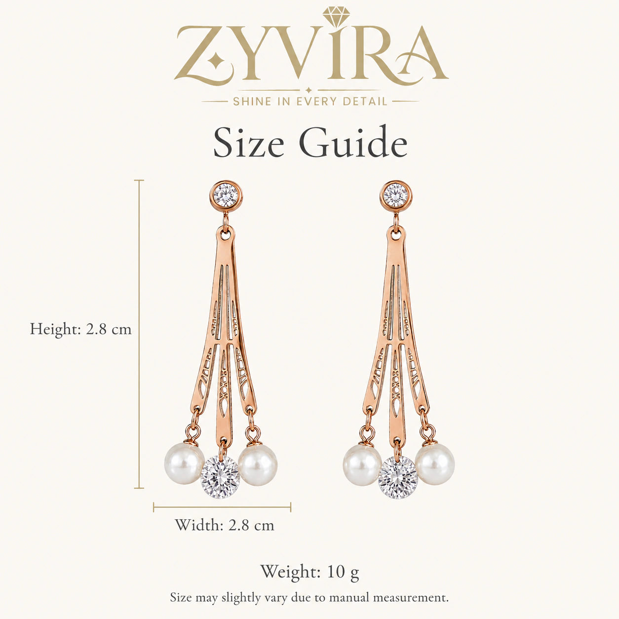 Size guide showing the proportions of pearl crystal chandelier earrings