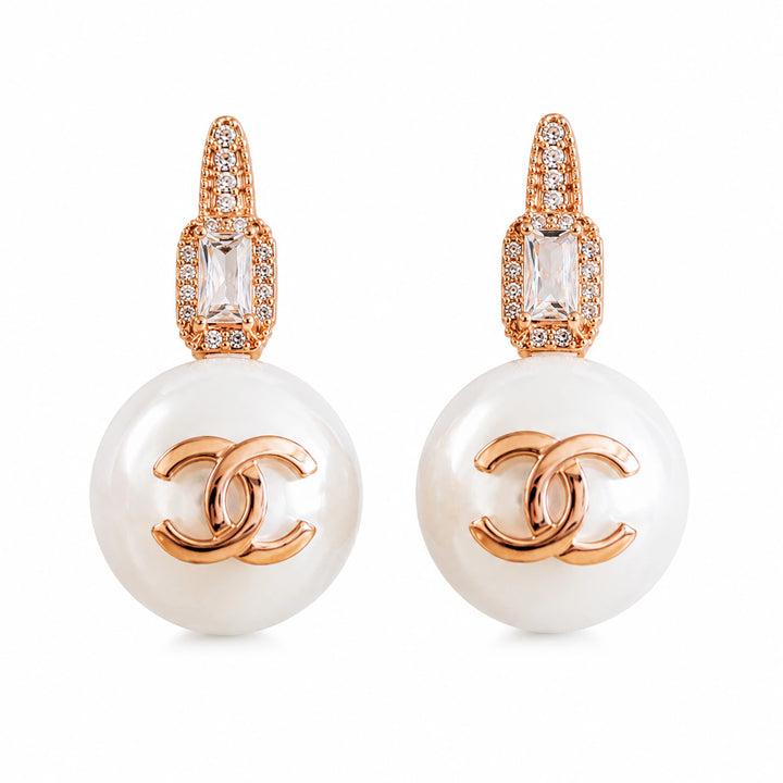 Rose-gold pearl-style emblem drop earrings