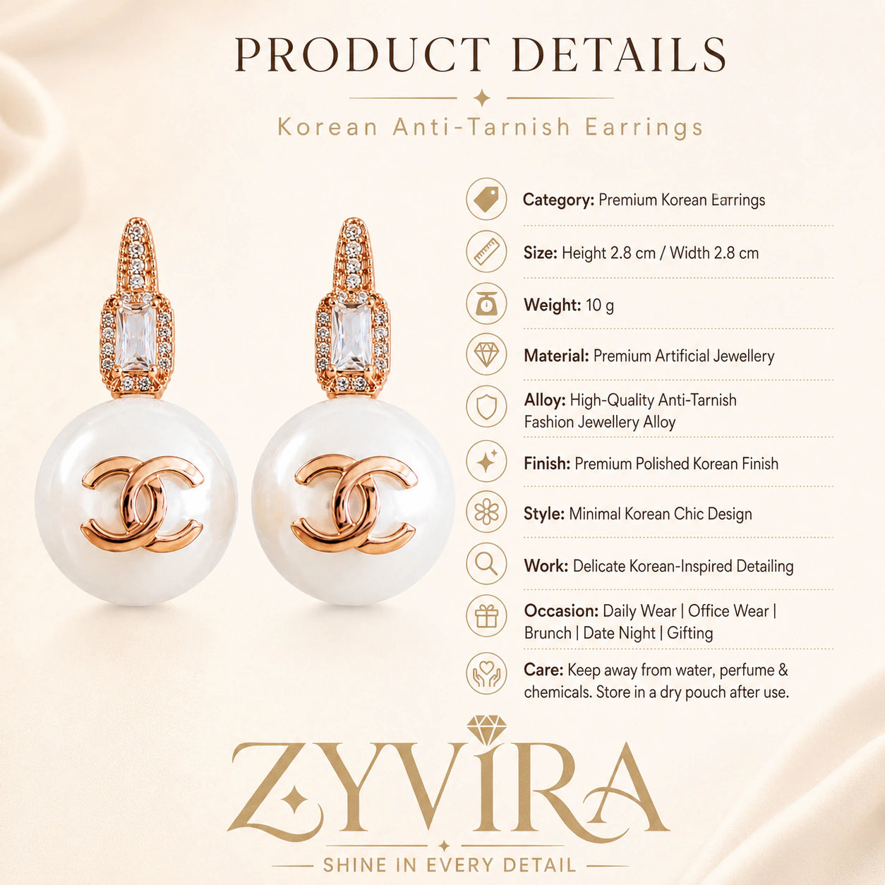 Product details card for rose-gold pearl emblem drop earrings