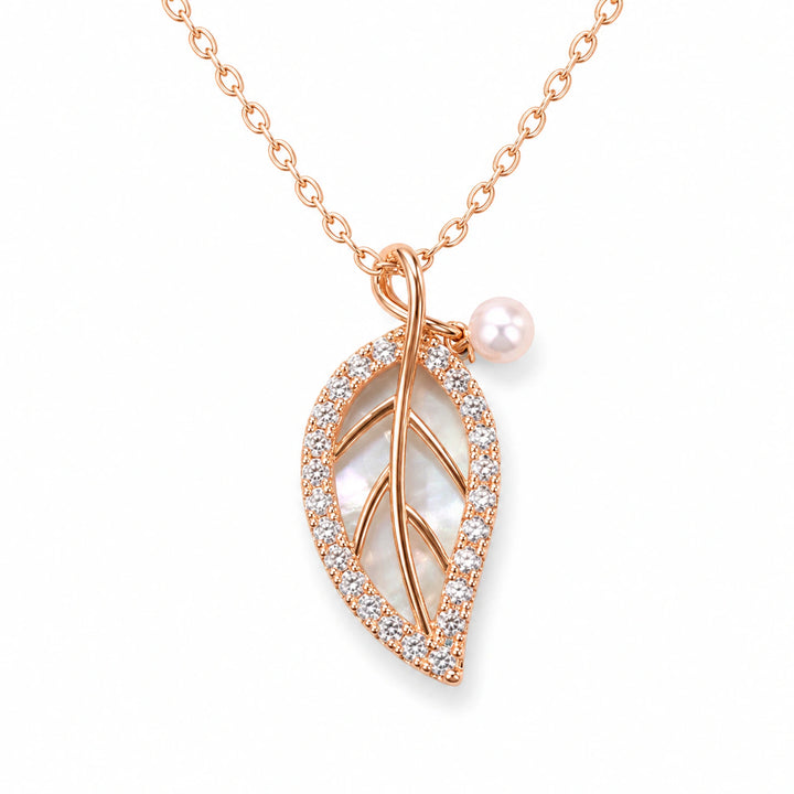 Korean-style rose-gold pearl-style leaf pendant necklace