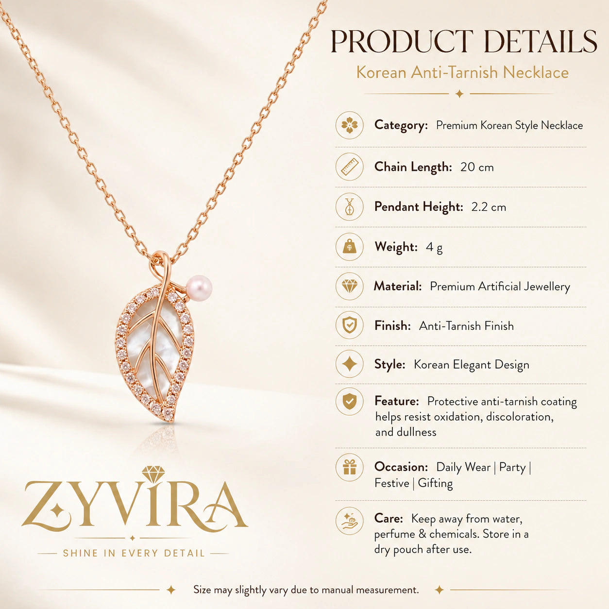 Product details card for the rose-gold pearl leaf necklace
