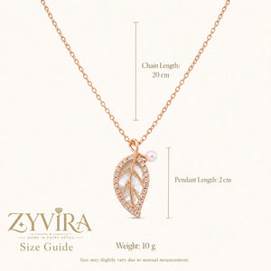 Size guide showing the proportions of the pearl leaf necklace