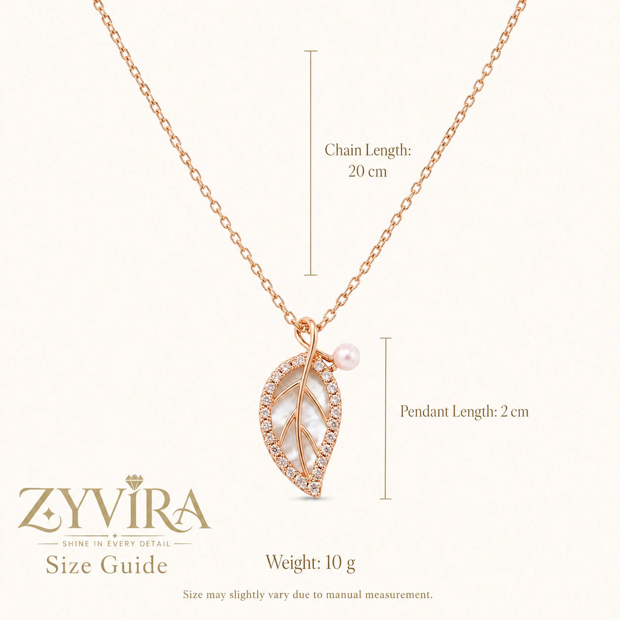 Size guide showing the proportions of the pearl leaf necklace