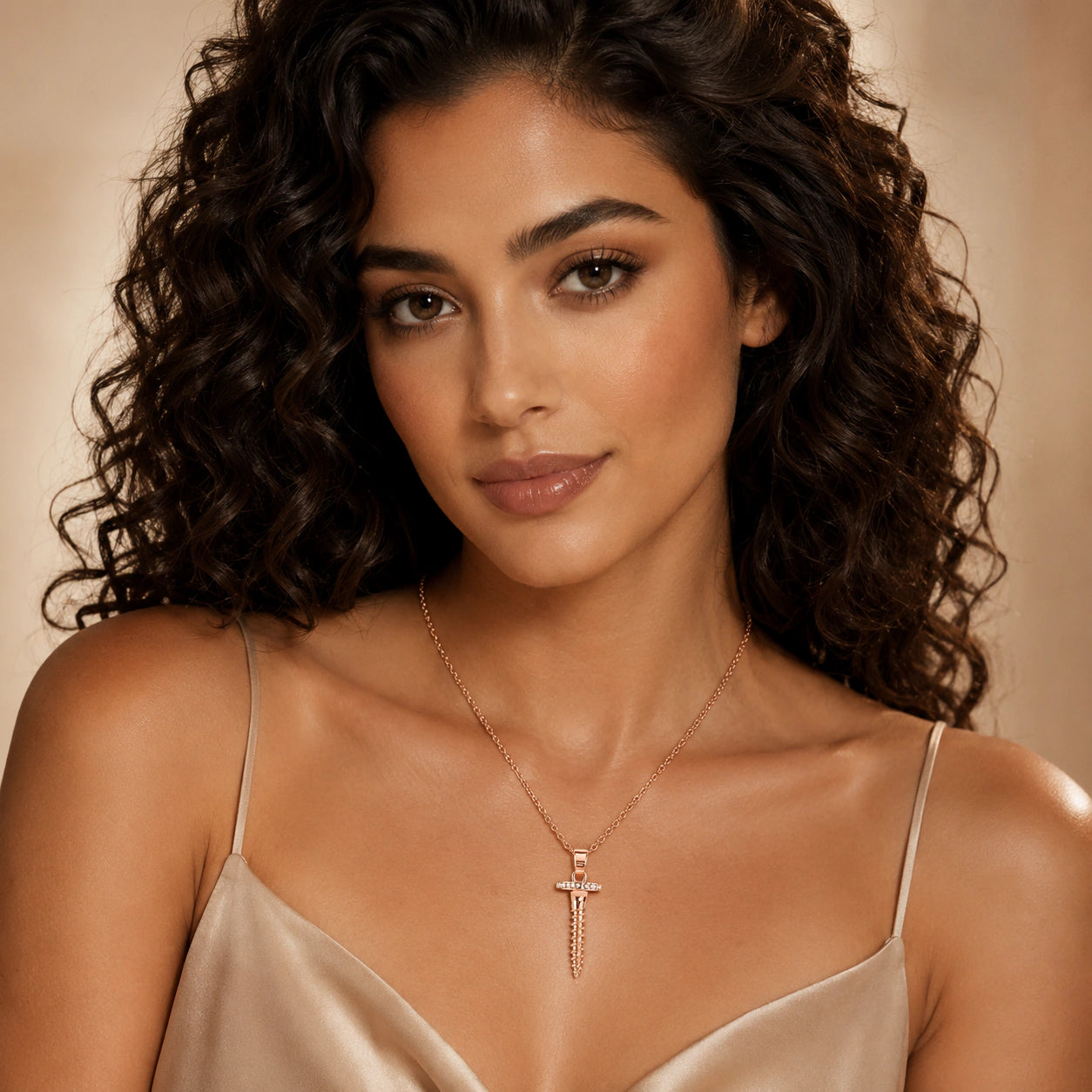 Angled view of the rose-gold screw charm crystal necklace