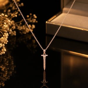 Close-up of the screw charm and crystal pendant detailing