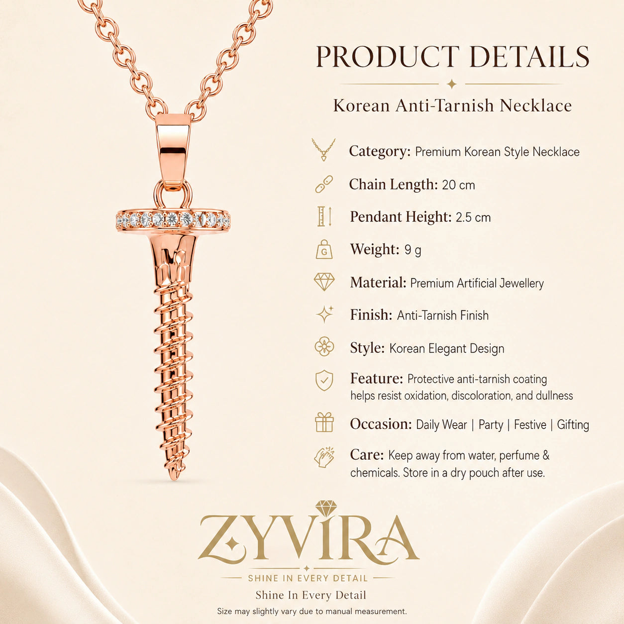 Product details card for the rose-gold screw charm necklace