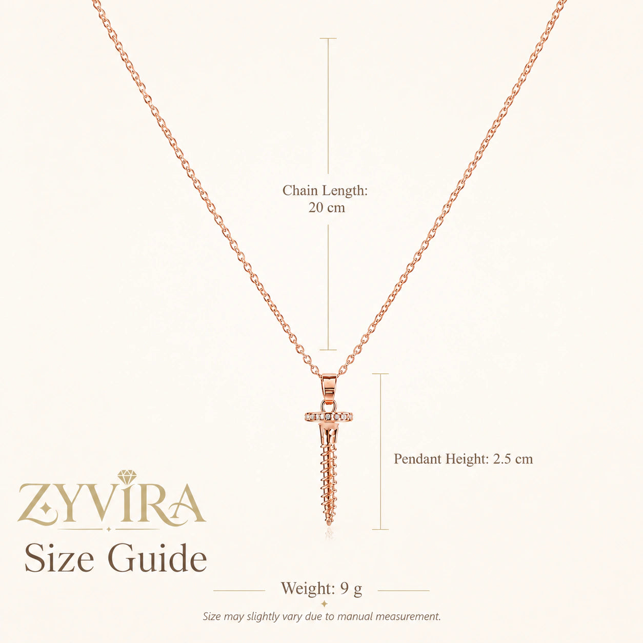 Size guide showing the proportions of the screw charm necklace