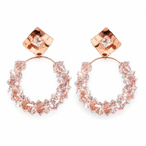 Rose-gold square stud crystal cluster hoop earrings