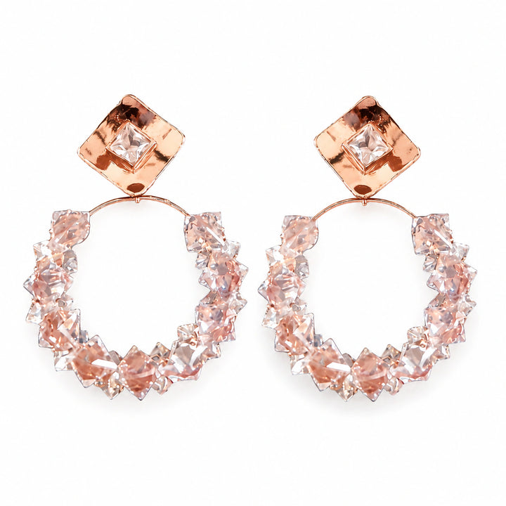 Rose-gold square stud crystal cluster hoop earrings