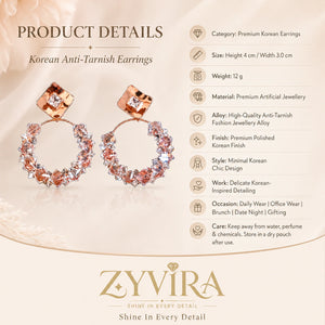 Product details card for rose-gold square crystal hoop earrings