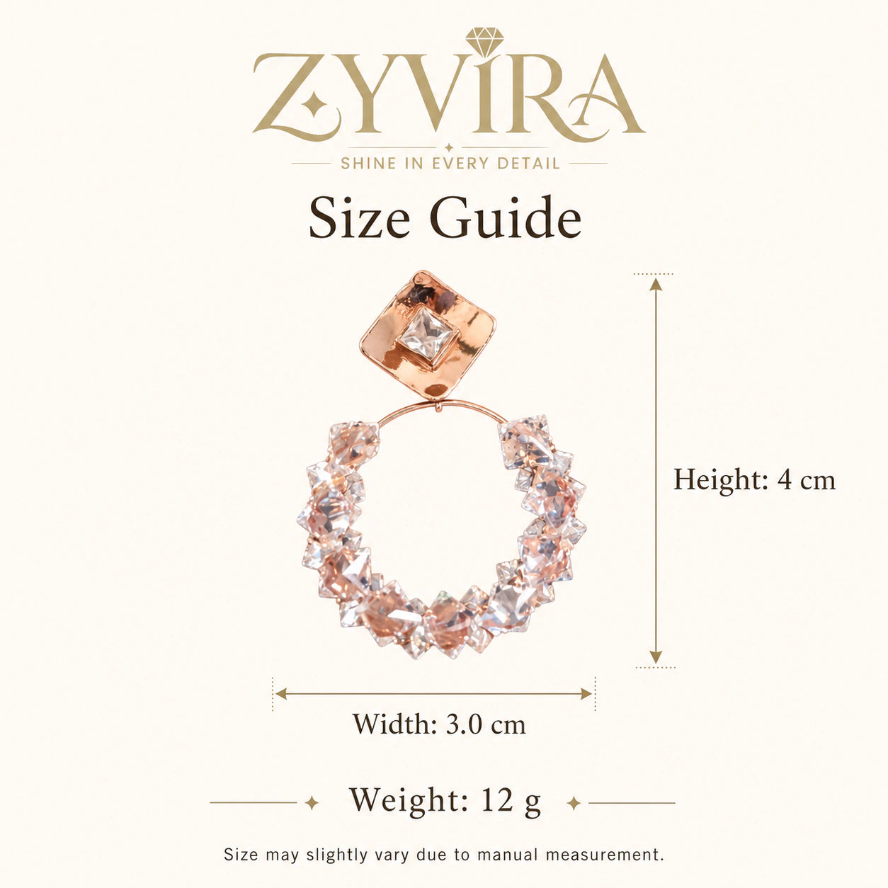 Size guide showing the proportions of square crystal hoop earrings