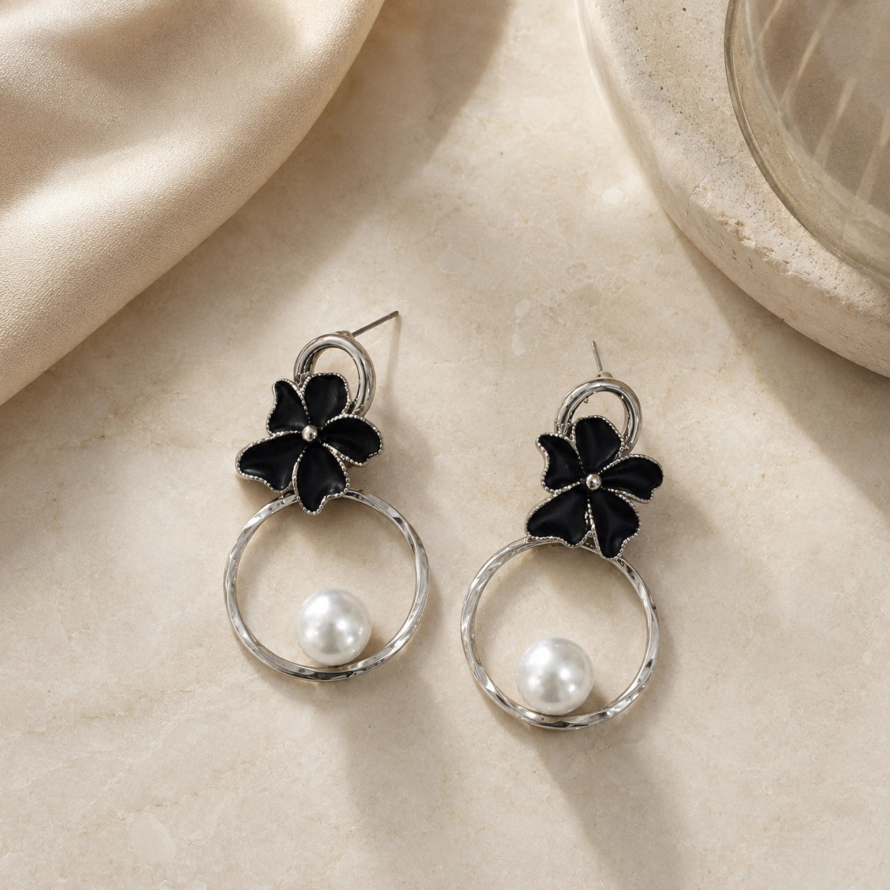Alternate detail view of silver black floral pearl hoops