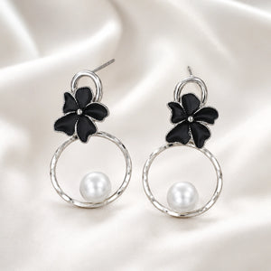Alternate product view of silver black floral pearl hoop earrings