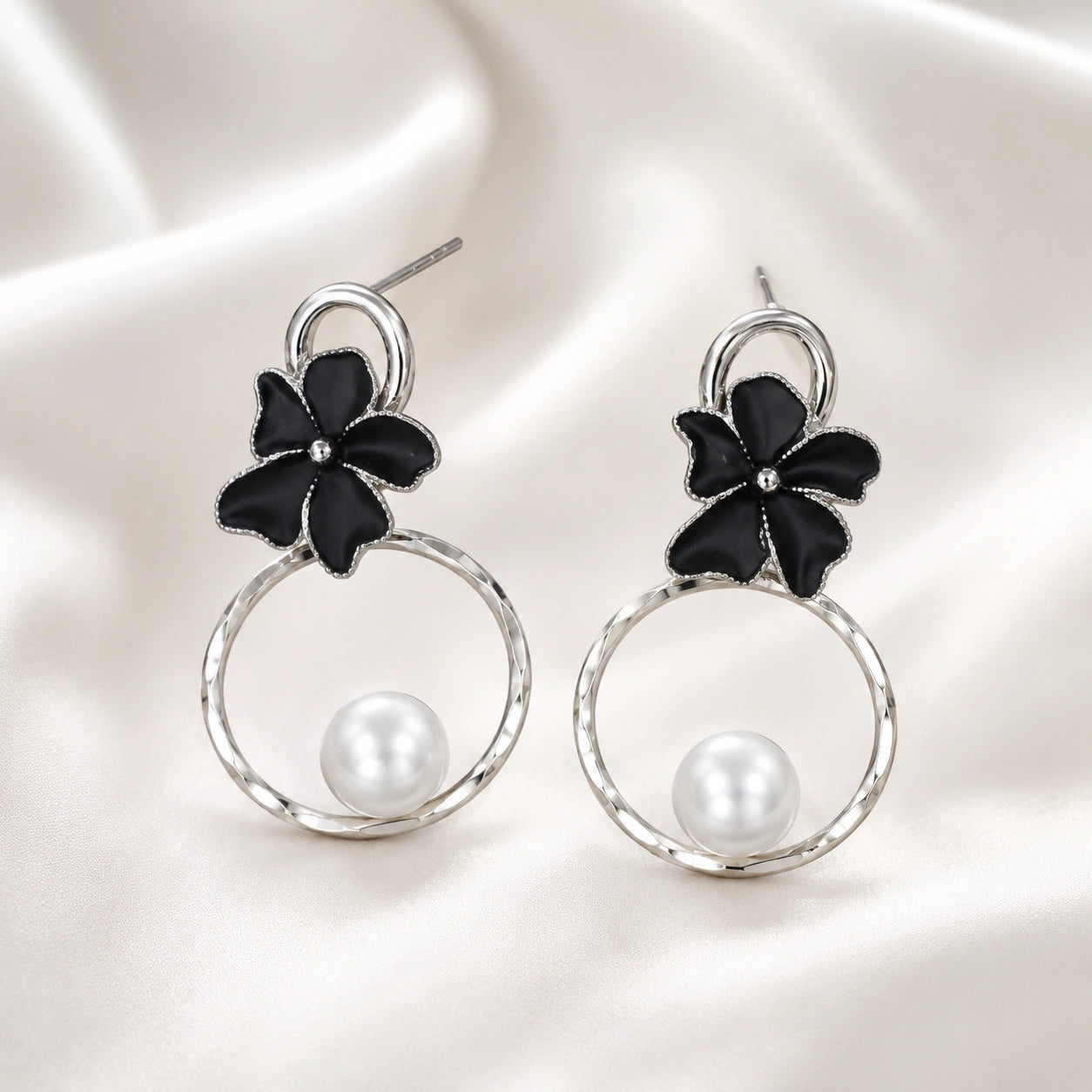 Alternate product view of silver black floral pearl hoop earrings
