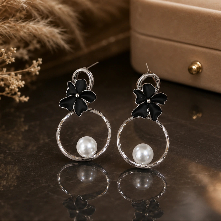 Western silver black floral pearl-style hoop earrings