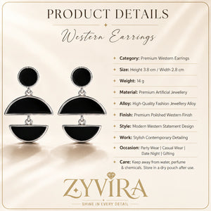 Product details card for silver black floral pearl hoops