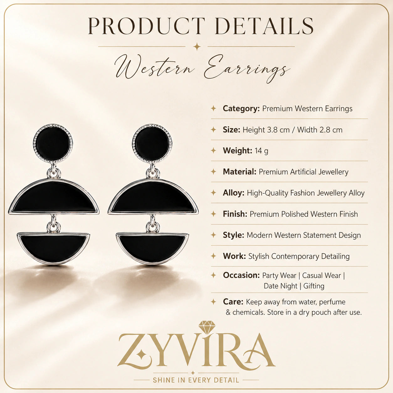 Product details card for silver black floral pearl hoops