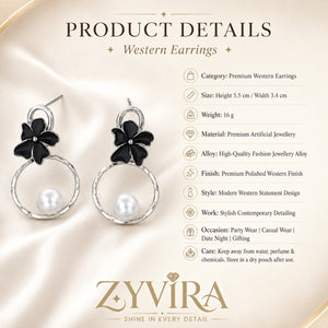 Product details card for silver black floral pearl hoops