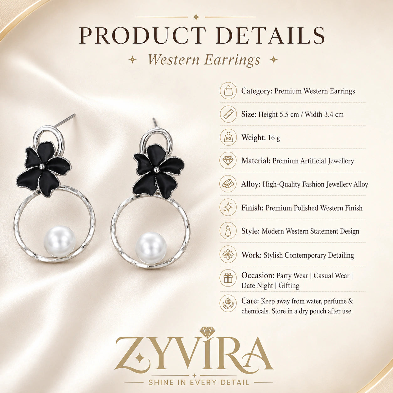 Product details card for silver black floral pearl hoops