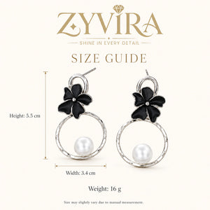 Size guide showing the proportions of silver black floral hoops