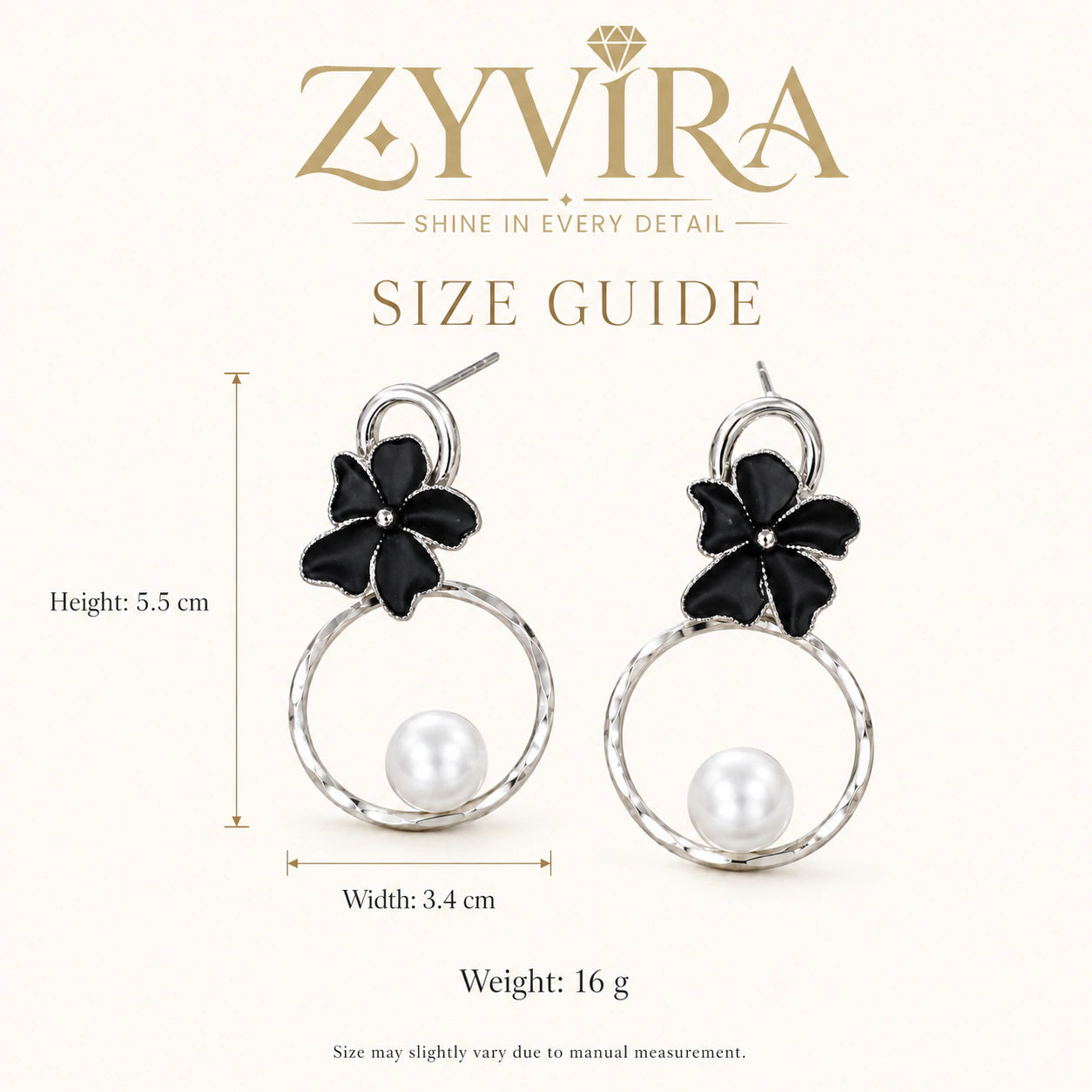 Size guide showing the proportions of silver black floral hoops